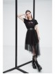 Front Chest Print Short Sleeve Metal Buckle Leather Belt Irregular Mesh Hem Black Punk Dress