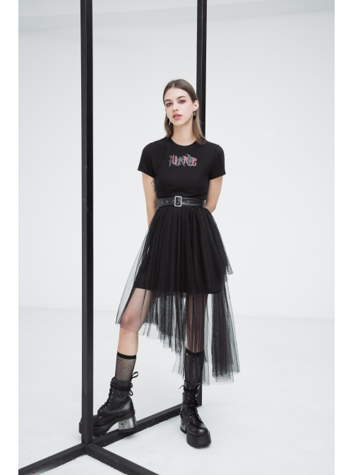 Front Chest Print Short Sleeve Metal Buckle Leather Belt Irregular Mesh Hem Black Punk Dress