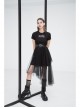 Front Chest Print Short Sleeve Metal Buckle Leather Belt Irregular Mesh Hem Black Punk Dress