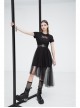 Front Chest Print Short Sleeve Metal Buckle Leather Belt Irregular Mesh Hem Black Punk Dress