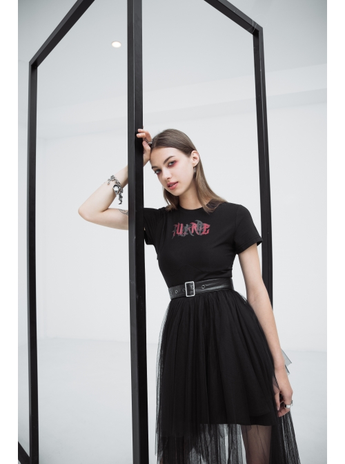 Front Chest Print Short Sleeve Metal Buckle Leather Belt Irregular Mesh Hem Black Punk Dress