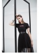 Front Chest Print Short Sleeve Metal Buckle Leather Belt Irregular Mesh Hem Black Punk Dress