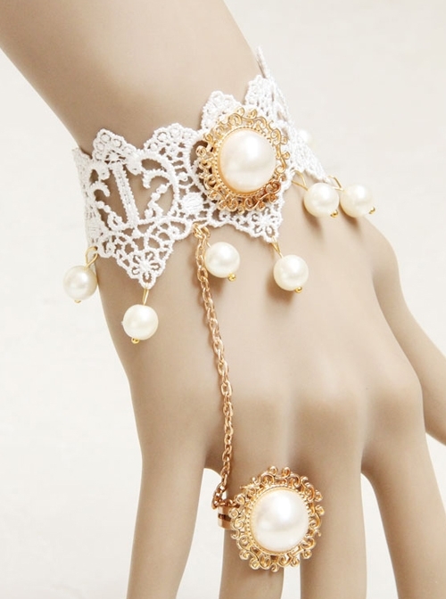 Lolita Princess Style Bride Bridesmaid Fashion White Lace Pearl Bracelet Ring One Chain