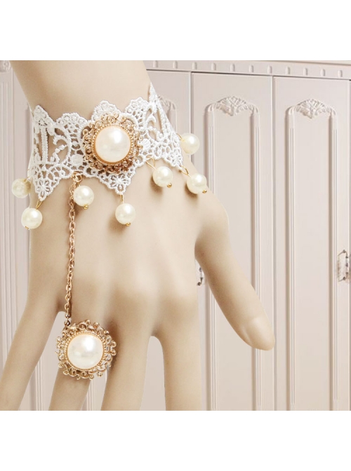Lolita Princess Style Bride Bridesmaid Fashion White Lace Pearl Bracelet Ring One Chain