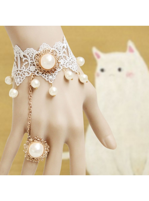 Lolita Princess Style Bride Bridesmaid Fashion White Lace Pearl Bracelet Ring One Chain