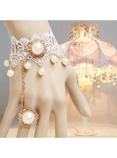 Lolita Princess Style Bride Bridesmaid Fashion White Lace Pearl Bracelet Ring One Chain