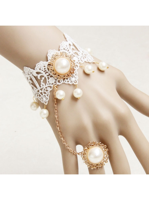 Lolita Princess Style Bride Bridesmaid Fashion White Lace Pearl Bracelet Ring One Chain