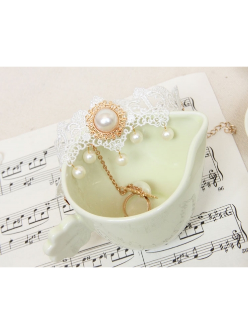 Lolita Princess Style Bride Bridesmaid Fashion White Lace Pearl Bracelet Ring One Chain