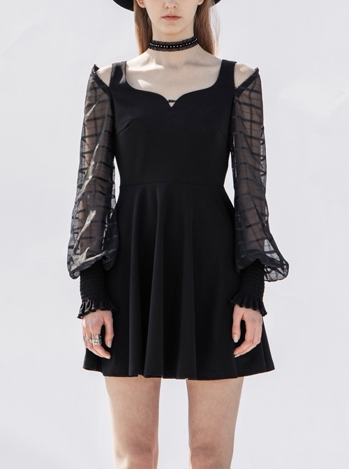 Off-Shoulder Mesh Lantern Sleeve Black Punk A-Shape Dress