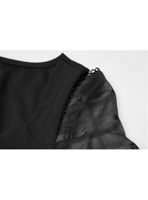 Off-Shoulder Mesh Lantern Sleeve Black Punk A-Shape Dress
