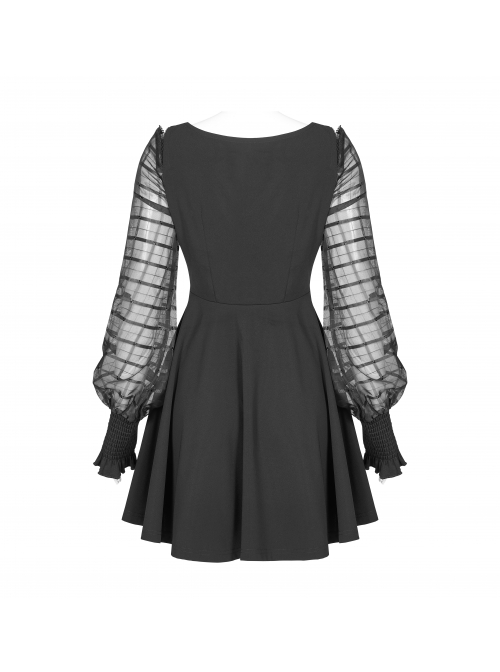 Off-Shoulder Mesh Lantern Sleeve Black Punk A-Shape Dress