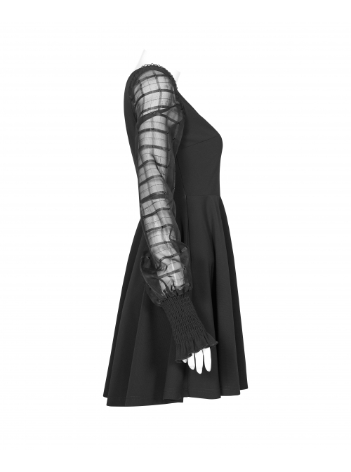 Off-Shoulder Mesh Lantern Sleeve Black Punk A-Shape Dress