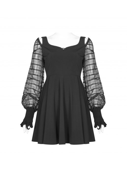 Off-Shoulder Mesh Lantern Sleeve Black Punk A-Shape Dress