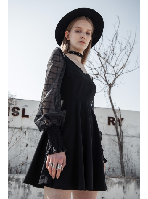 Off-Shoulder Mesh Lantern Sleeve Black Punk A-Shape Dress