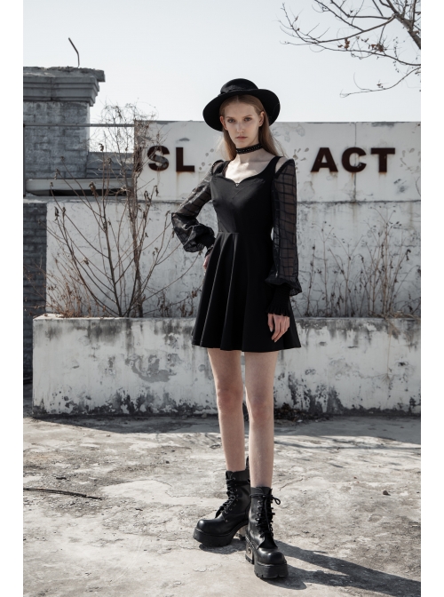 Off-Shoulder Mesh Lantern Sleeve Black Punk A-Shape Dress