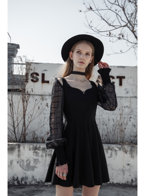 Off-Shoulder Mesh Lantern Sleeve Black Punk A-Shape Dress