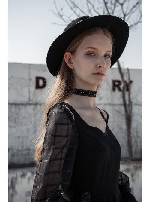 Off-Shoulder Mesh Lantern Sleeve Black Punk A-Shape Dress