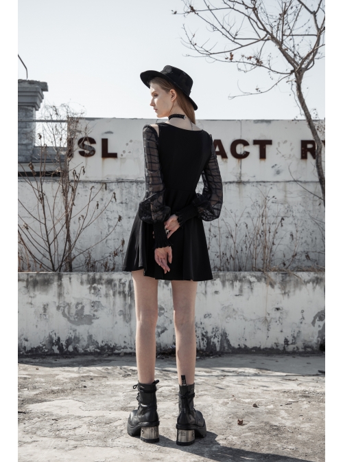 Off-Shoulder Mesh Lantern Sleeve Black Punk A-Shape Dress