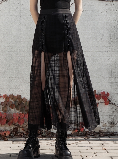 Front Metal Eyelets Lace-Up Slit Mesh Hem Black Punk Skirt