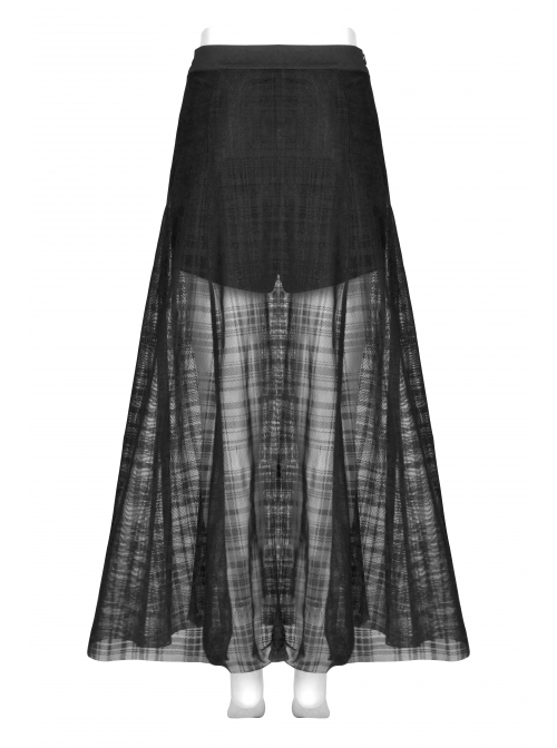 Front Metal Eyelets Lace-Up Slit Mesh Hem Black Punk Skirt