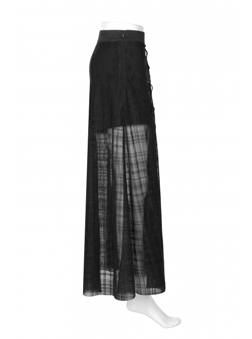 Front Metal Eyelets Lace-Up Slit Mesh Hem Black Punk Skirt
