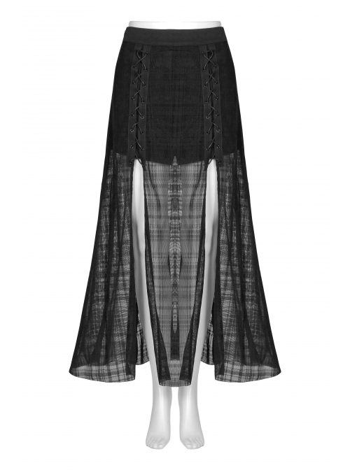 Front Metal Eyelets Lace-Up Slit Mesh Hem Black Punk Skirt