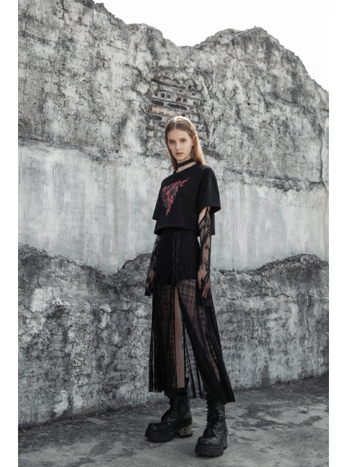 Front Metal Eyelets Lace-Up Slit Mesh Hem Black Punk Skirt