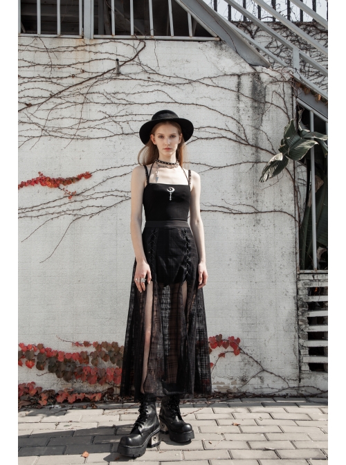 Front Metal Eyelets Lace-Up Slit Mesh Hem Black Punk Skirt