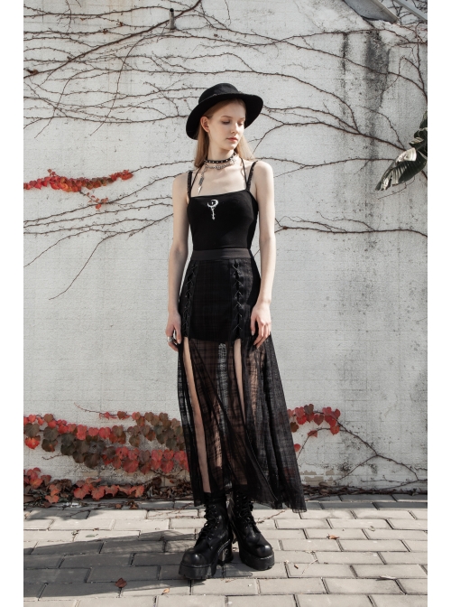 Front Metal Eyelets Lace-Up Slit Mesh Hem Black Punk Skirt