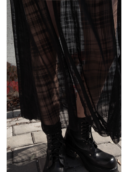 Front Metal Eyelets Lace-Up Slit Mesh Hem Black Punk Skirt