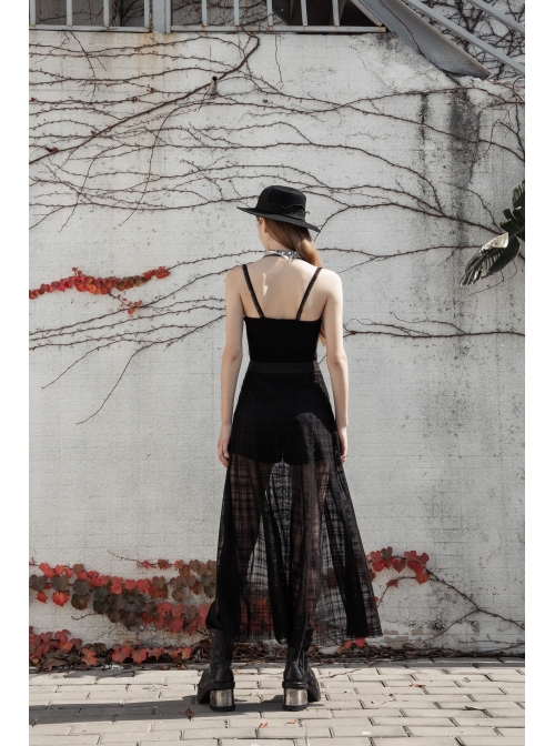Front Metal Eyelets Lace-Up Slit Mesh Hem Black Punk Skirt