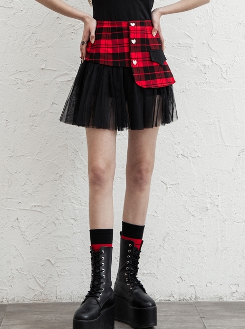 Front Metal Love Button Splice Mesh Hem Red Plaid Punk A-Shape Skirt