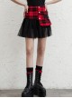 Front Metal Love Button Splice Mesh Hem Red Plaid Punk A-Shape Skirt