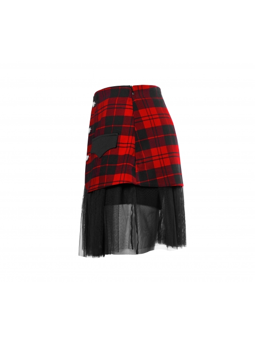 Front Metal Love Button Splice Mesh Hem Red Plaid Punk A-Shape Skirt