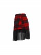 Front Metal Love Button Splice Mesh Hem Red Plaid Punk A-Shape Skirt