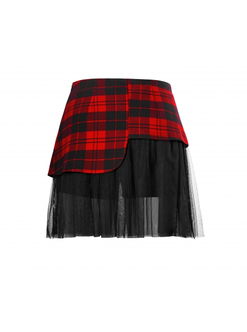 Front Metal Love Button Splice Mesh Hem Red Plaid Punk A-Shape Skirt