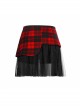Front Metal Love Button Splice Mesh Hem Red Plaid Punk A-Shape Skirt