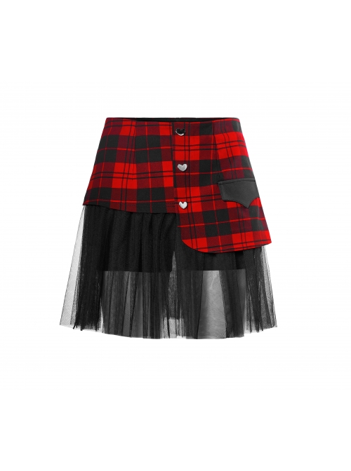 Front Metal Love Button Splice Mesh Hem Red Plaid Punk A-Shape Skirt
