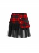 Front Metal Love Button Splice Mesh Hem Red Plaid Punk A-Shape Skirt