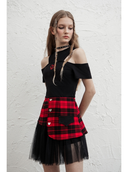Front Metal Love Button Splice Mesh Hem Red Plaid Punk A-Shape Skirt
