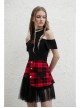 Front Metal Love Button Splice Mesh Hem Red Plaid Punk A-Shape Skirt