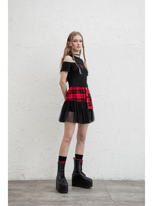 Front Metal Love Button Splice Mesh Hem Red Plaid Punk A-Shape Skirt