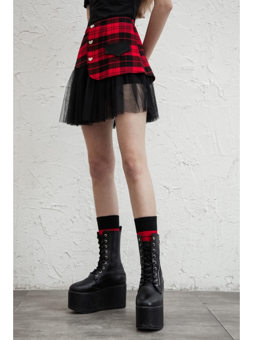 Front Metal Love Button Splice Mesh Hem Red Plaid Punk A-Shape Skirt