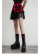 Front Metal Love Button Splice Mesh Hem Red Plaid Punk A-Shape Skirt