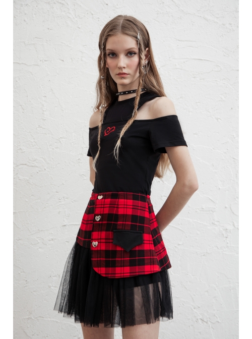 Front Metal Love Button Splice Mesh Hem Red Plaid Punk A-Shape Skirt