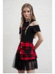 Front Metal Love Button Splice Mesh Hem Red Plaid Punk A-Shape Skirt