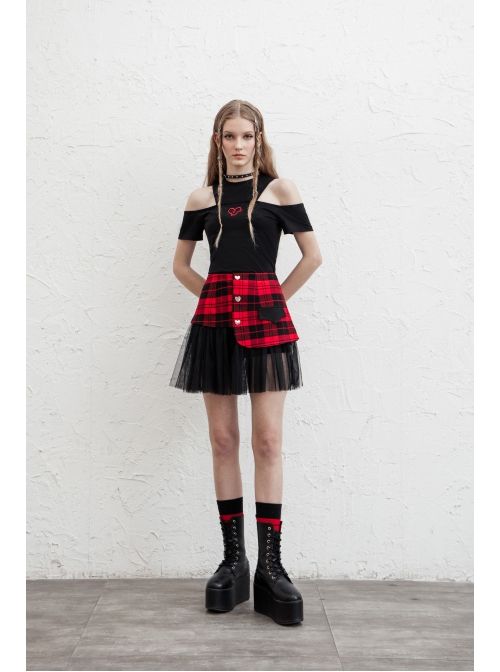 Front Metal Love Button Splice Mesh Hem Red Plaid Punk A-Shape Skirt