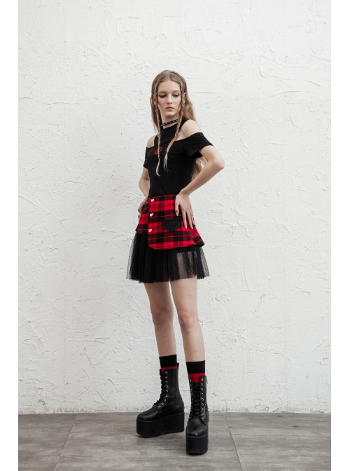 Front Metal Love Button Splice Mesh Hem Red Plaid Punk A-Shape Skirt