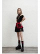 Front Metal Love Button Splice Mesh Hem Red Plaid Punk A-Shape Skirt