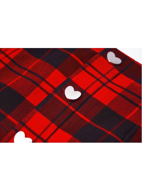 Front Metal Love Button Splice Mesh Hem Red Plaid Punk A-Shape Skirt